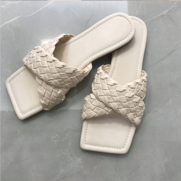 Shoes - Cream Cross Weave Square Toe Sandals